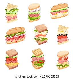 Set sandwiches. In a loaf, square and triangular toasts, with different fillings. Vector illustration.