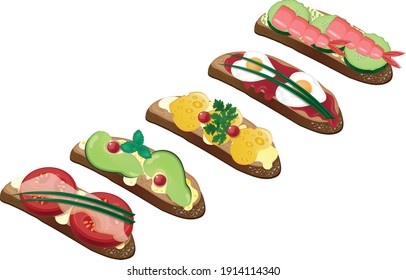 Set of sandwiches on a black background. Healthy sandwiches with egg, cheese, tomato, avocado. Sandwiches for a romantic dinner. Vector illustration. Products for the menu.