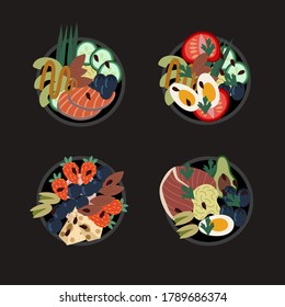 Set of sandwiches and poke bowls. Healthy food from natural products. Vector cartoon flat illustration.