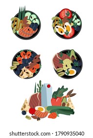 Set of sandwiches and poke bowls. Healthy food from natural products. Vector cartoon flat illustration.