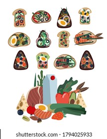Set of sandwiches and poke bowls. Healthy food from natural products. Vector cartoon flat illustration.