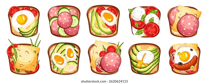 Set of sandwiches. Sandwiches with sausage, egg, mozzarella, avocado, cheese, tomatoes, cucumbers, onions. Top view. Vector illustration on a white background.