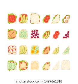set of sandwiches top view, different filling options, healthy food vegetarian vegetables