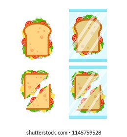 Set Of Sandwiches Top View With Tomato, Onion, Salad, Cheese Isolated On White Background. Sandwich Triangle And Rectangle In Transparent Packaging, Snack For Breakfast And Lunch, Flat Vector