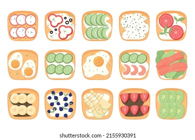 Set of sandwiches with vegetables. Toast with eggs, tomatoes, shrimp, fish, cucumbers, avocado. A set of sandwiches with fruits and berries. Vector illustration.Healthy breakfasts.