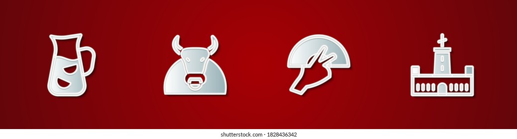 Set Sangria, Bull, Fan flamenco and Montjuic castle icon. Vector.
