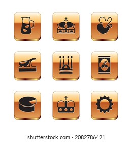 Set Sangria, Cheese, Crown of spain, Sagrada Familia, Spanish jamon, wineskin, Sun and  icon. Vector