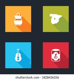 Set Sangria pitcher, Map of Spain, Spanish guitar and Olives can icon. Vector.