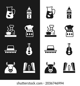 Set Sangria pitcher, Spanish cook, Giralda, hat, guitar, Gate of Europe and Bull icon. Vector