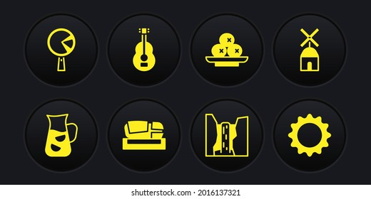 Set Sangria, Windmill, Stadium Mestalla, Algar waterfall, Olives on plate, Spanish guitar, Sun and Omelette frying icon. Vector