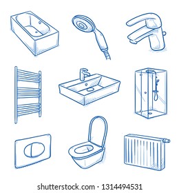 Set of sanitary and heating installer interior objects: shower, bath tub, water basin, mixing tap, shower head, toilet and radiator. Hand drawn blue line art cartoon vector illustration. 