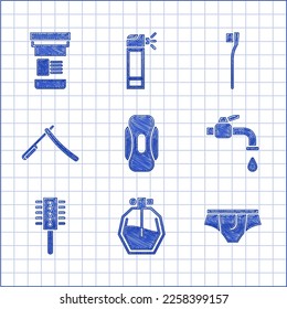 Set Sanitary napkin, Perfume, Underwear, Water tap, Hairbrush, Straight razor, Toothbrush and Medicine bottle icon. Vector