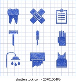 Set Sanitary Tampon, Paper Towel Dispenser Wall, Sleeveless T-shirt, Rubber Gloves, Shower Head, Shaving Razor, Clipboard With Checklist And Tooth Icon. Vector