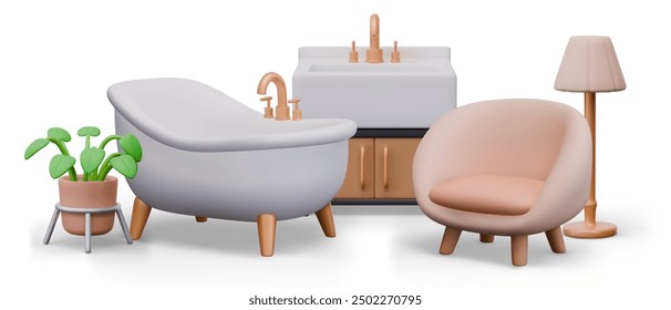 Set of sanitary ware and furniture for cozy home. Vector composition in 3D style