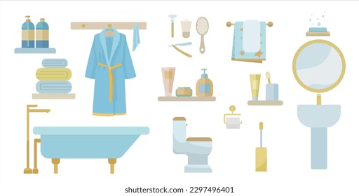 Set of sanitarywear with cosmetics and essentials on white backg