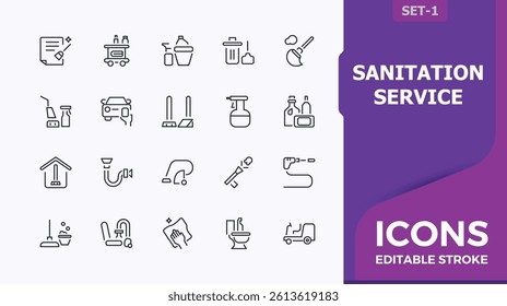 Set of Sanitation Service line icon. Cleaning And Maintenance line icon set. Hygiene icons for ui design. Minimal icons pack. Editable vector stroke.