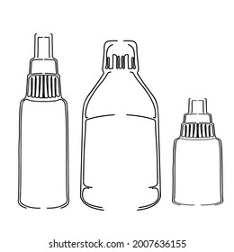 Set of sanitizer bottles. Waterless hand cleaner. Black outline