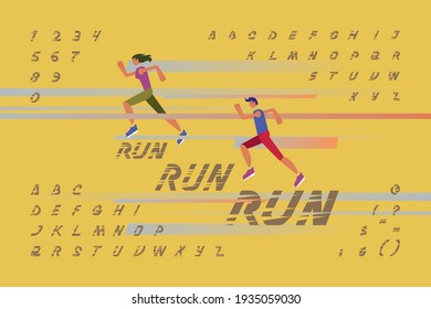 Set of sans serif alphabet with numerals, symbols, uppercase and lowercase decorated with two runners. The typeface is suitable for sport events or to illustrate rapid movement or active lifestyle.