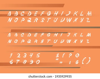 Set of sans serif alphabet with numerals, symbols and block letters on flat color background. The typeface is suitable for sport events, to illustrate rapid movement, being in rush or active lifestyle