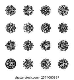 Set of Sanskrit Chakra Symbols Glyph Style Icons 

