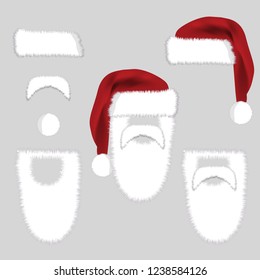 Set of Santa Accessories Hats, Moustache, Beard. Vector Christmas  illustration isolated on grey background. Santa Constructor Icon Symbol Design