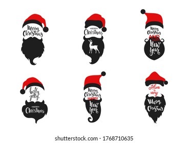 Set of Santa beards and hats wyth typography. Elements for Merry Christmas. Vector illustration.