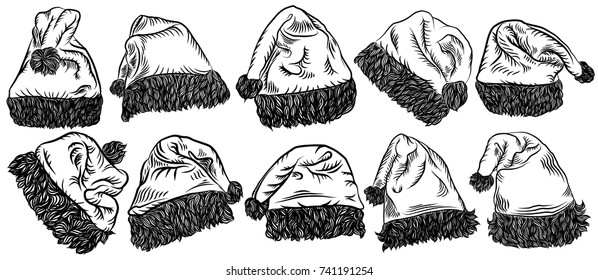 Set of Santa Christmas hat. Santa Claus top hat collection  isolated on white background. Vector.