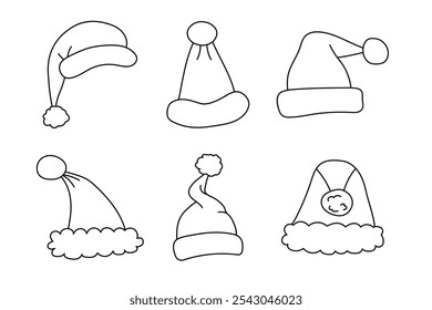 Set of Santa Clasus hats in doodle style. Christmas and New Year decorations or coloring pages