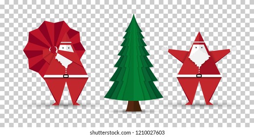 Set Santa Claus 2 Character with Christmas Tree Designed to fold into a shape. It has a transparent background image. Cut paper art