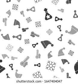 Set Weihnachtsmütze, Schneeflocken, Weihnachtsmütze und Wetterthermometer auf nahtlosem Muster. Vektorillustration