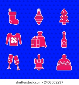 Set Santa Claus bag gift, Merry Christmas ringing bell, Winter hat, Champagne bottle, Glass of champagne, sweater, tree and stocking icon. Vector