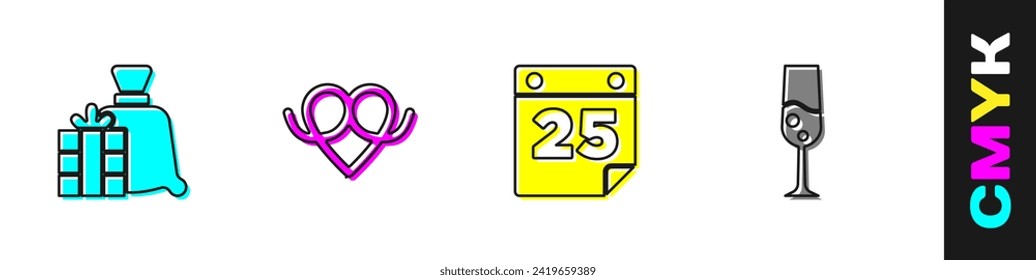 Set Santa Claus bag gift, Pretzel, Calendar and Glass of champagne icon. Vector