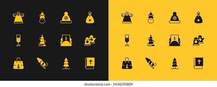 Set Santa Claus bag gift, Firework rocket, Envelope, Christmas tree, hat, Angel and and beard icon. Vector