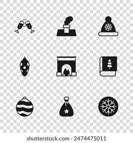 Set Santa Claus bag gift, Christmas book, Snowflake, Interior fireplace, hat, Glass of champagne, chimney and toy icon. Vector