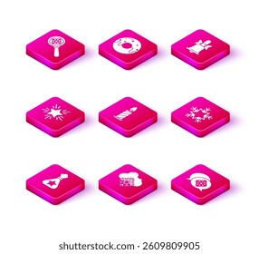 Set Santa Claus bag gift, Cloud with snow, Christmas star, Burning candle in candlestick, Snowflake speech bubble, Merry ringing bell and Donut sweet glaze icon. Vector