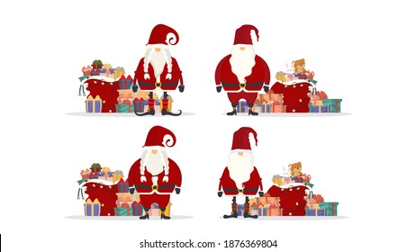 Set of Santa Claus with a bag of gifts. A beautiful gift box with a stunning bow. Mountain gifts. Christmas gift box. Vector illustration of a retro Christmas card.