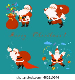 Set of Santa Claus with bag and gifts. Two Santa fly, one walk and one is standing at the bag. The lower left character is superhero with red cape.
