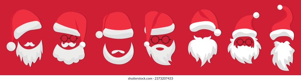 Set of Santa Claus beards and hats on red background