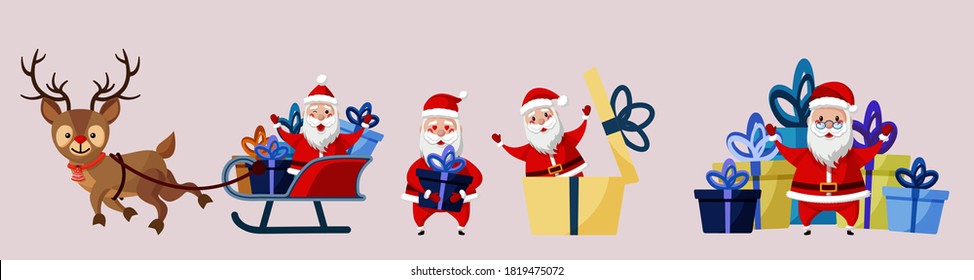 Set of Santa Claus Cartoon Character for Christmas Designs. Santa on Sleigh and His Reindeers, with gifts