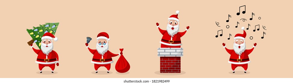 Set von Santa Claus Cartoon Charakter für Weihnachtsdesigns. Weihnachtsmann mit Baum. Weihnachtsmütze mit Tasche. Weihnachtsmann im Schornstein 