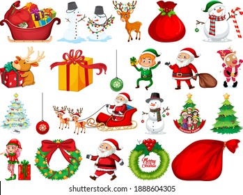 Set of Santa Claus cartoon character and Christmas objects isolated on white background illustration