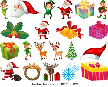 Set of Santa Claus cartoon character and Christmas objects isolated on white background illustration