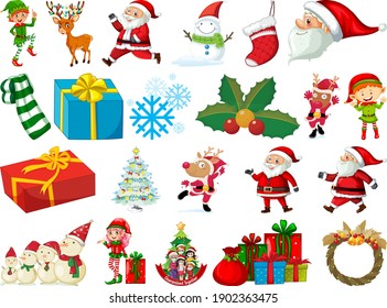 Set of Santa Claus cartoon character and Christmas objects isolated on white background illustration