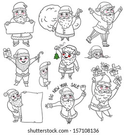 Set of Santa Claus. Cartoon style. Line illustrations. Isolated object on white background, easy to edit. Element of design for winter holiday. Christmas. New Year.