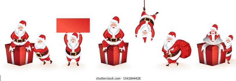 Set of santa claus character with gift box, red sack and blank paper given for your message on white background.