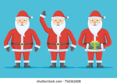 Set of Santa Claus character isolated on blue background. Flat style. Christmas vector illustration.