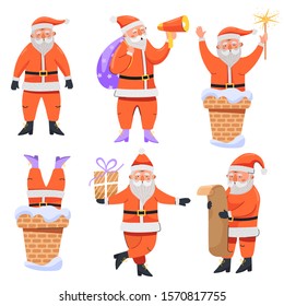 Set of Santa Claus character in various poses with gift, sack, megaphone, letter, sparkler and chimney. Design for postcard, invitation, poster etc. Vector isolated on white background.