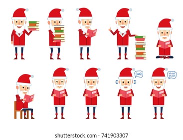 Set of Santa Claus characters with book in different situations. Cheerful Santa reading book, laughing, crying, surprised and showing other actions. Flat style vector illustration