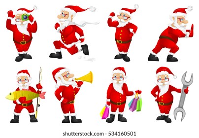 Personajes de Santa Claus con bolsas de compras. Personajes de Santa Claus hablando en un megáfono. Personajes de Santa Claus usando una cámara fotográfica. Ilustración del vector aislada en fondo blanco