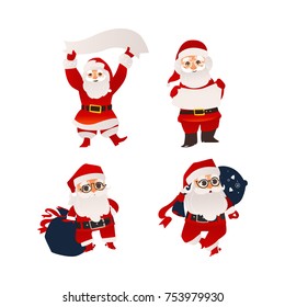 Set of Santa Claus characters holding banner, board, carrying bag of Christmas presents, flat cartoon vector illustration isolated on white background. Santa Claus holding banner, board, present bag